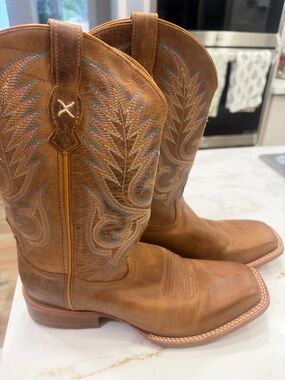Tan Leather Western Cowboy Boots with Multicolor Stitching